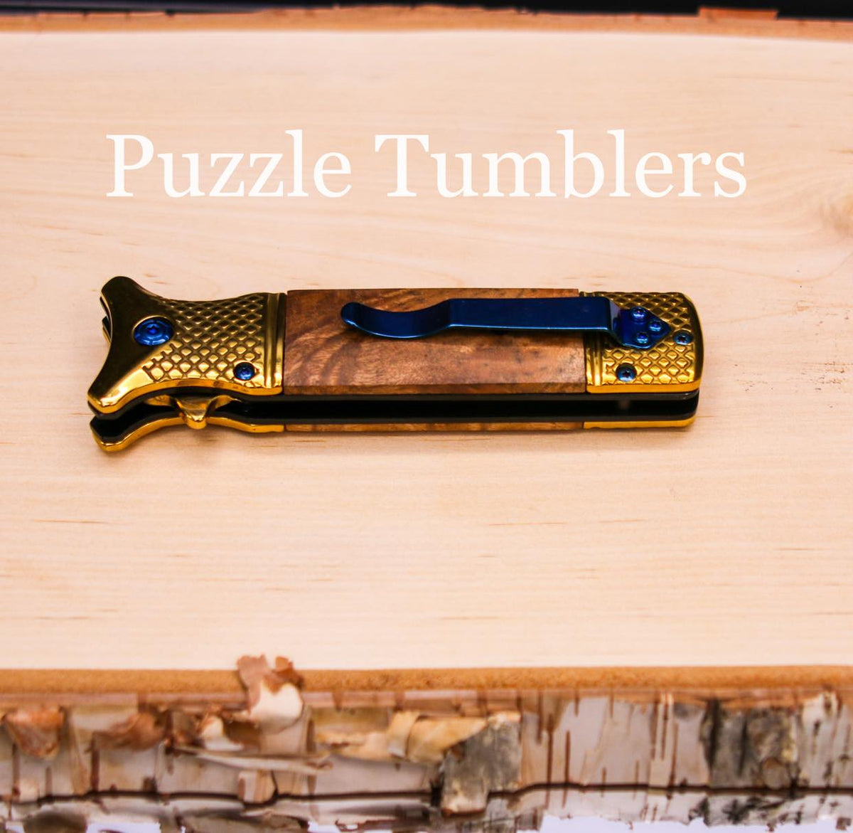 WOOD WITH GOLD ACCENT FOLDING POCKET KNIFE Puzzle Tumblers