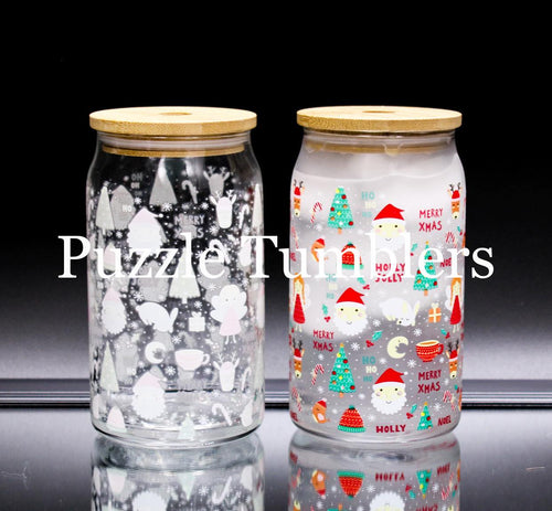 16OZ CHRISTMAS (COLOR CHANGING)  GLASS TUMBLER WITH BAMBOO LID - NO STRAW