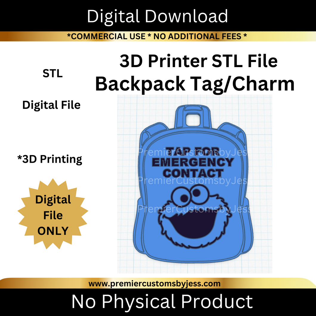 DIGITAL (STL & 3MF Files): Blue Monster Backpack Tag - NFC Sticker NOT Included