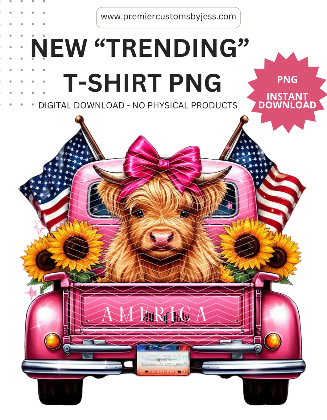 DIGITAL DOWNLOAD - 4th of July Cute Highland Cow PNG File *NO Physical Product
