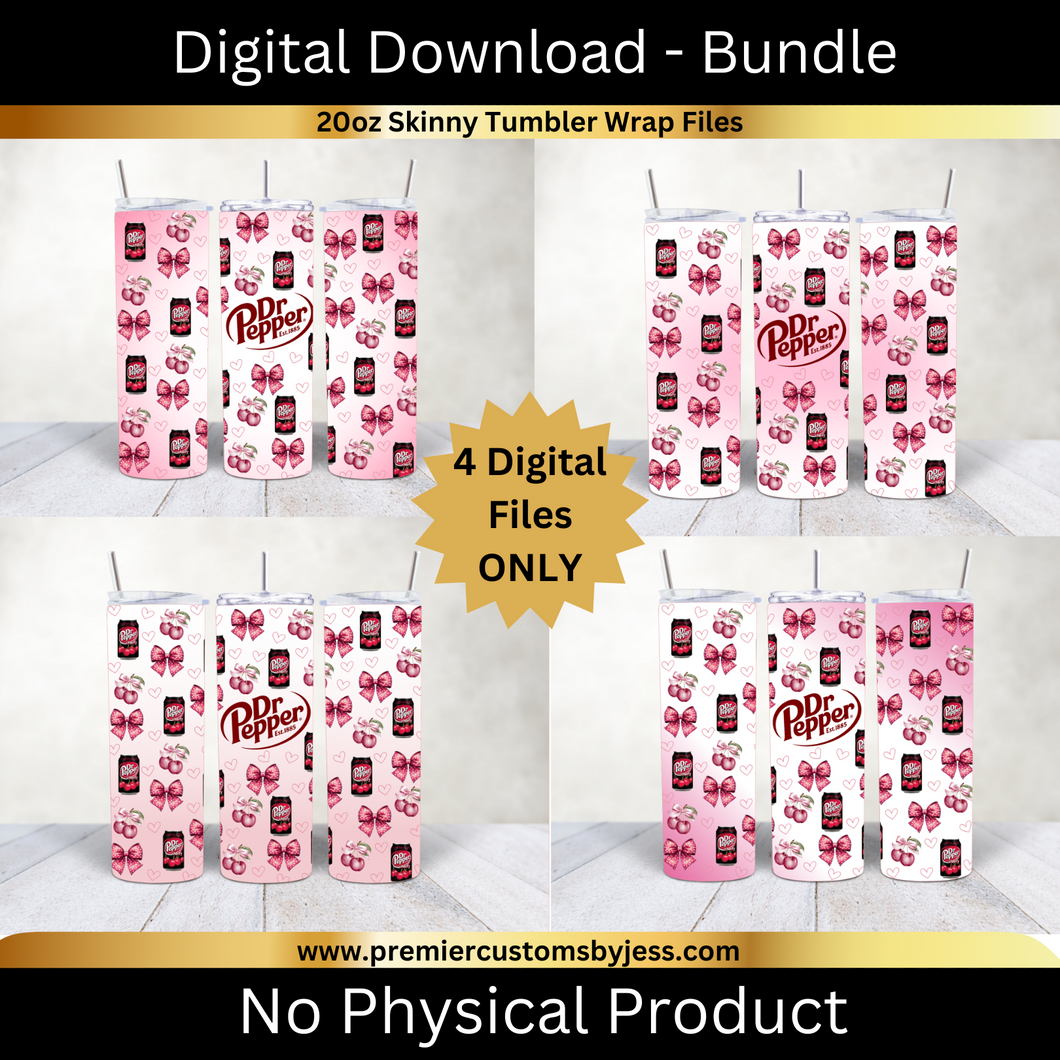 DIGITAL DOWNLOAD BUNDLE (+2 BONUS Files) - 20oz Skinny Hearts & Bows Cherry Soda Coquette Tumbler Wrap PNG, 20oz Skinny Tumbler Design, Pink Bows, Sublimation Wrap, Coquette Soda Digital File  *PNG FILE ONLY