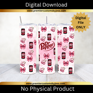 DIGITAL DOWNLOAD - 20oz Skinny Soda Cherry Bow Coquette Tumbler Wrap PNG, 20oz Skinny Tumbler Design, Pink Bows, Sublimation Wrap, Coquette Soda Digital File  *PNG FILE ONLY