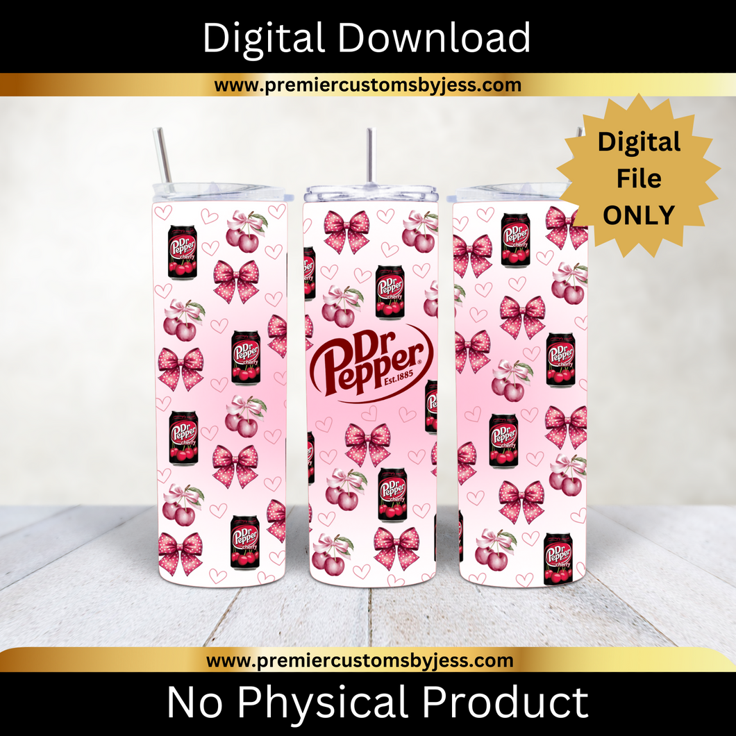 DIGITAL DOWNLOAD - 20oz Skinny Soda Cherry Bow Coquette Tumbler Wrap PNG, 20oz Skinny Tumbler Design, Pink Bows, Sublimation Wrap, Coquette Soda Digital File  *PNG FILE ONLY