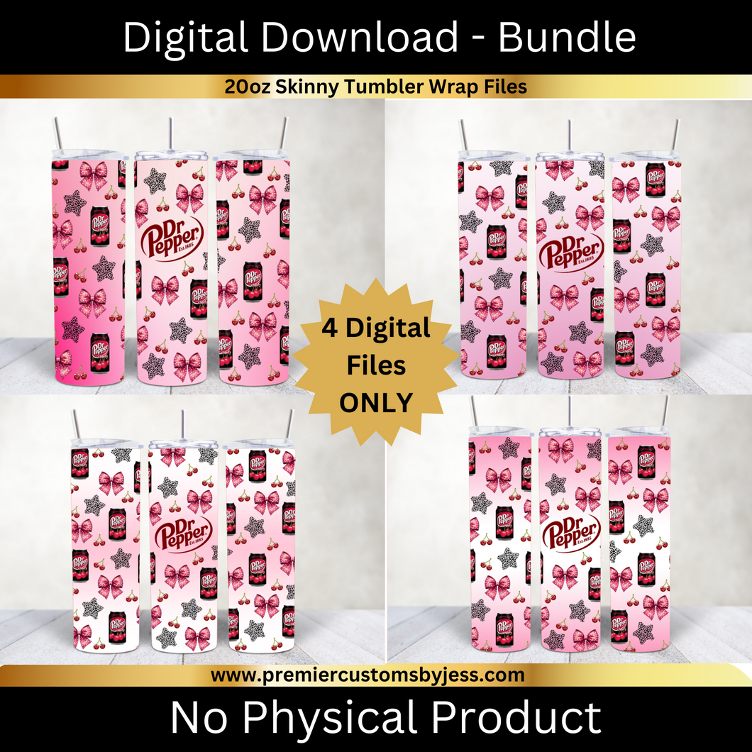 DIGITAL DOWNLOAD BUNDLE - 20oz Skinny Hearts & Bows Soda Coquette Tumbler Wrap PNG, 20oz Skinny Tumbler Design, Pink Bows, Sublimation Wrap, Coquette Soda Digital File  *PNG FILE ONLY