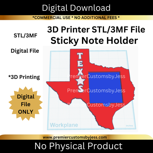 DIGITAL (STL & 3MF Files): Texas Shaped Sticky Note Holder