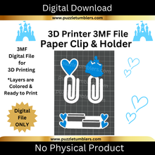 Load image into Gallery viewer, DIGITAL (3MF File): Princess &amp; Heart Themed PaperClips (2 Styles) &amp; Holder
