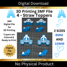 Load image into Gallery viewer, DIGITAL (3MF File): Carriage &amp; Glass Slipper Straw Toppers 8mm &amp; 10mm (2 Sizes = 4 Total Toppers)