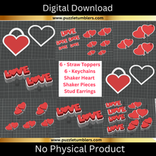 Load image into Gallery viewer, DIGITAL (3MF File): Valentine LOVE Bundle - Straw Toppers, Key Chains, and Earrings