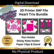Load image into Gallery viewer, DIGITAL (3MF File): Heart Themed Trio Bundle (Pen Holder, Sticky Note Holder &amp; Paperclips)
