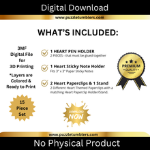 Load image into Gallery viewer, DIGITAL (3MF File): Heart Themed Trio Bundle (Pen Holder, Sticky Note Holder &amp; Paperclips)