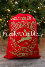 Load image into Gallery viewer, SANTA SACK RED WITH REINDEER &amp; GOLD LETTERS - 100% COTTON CANVAS CHRISTMAS BAGS