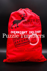 SANTA SACK RED WITH REINDEER & BLACK LETTERS - 100% COTTON CANVAS CHRISTMAS BAGS