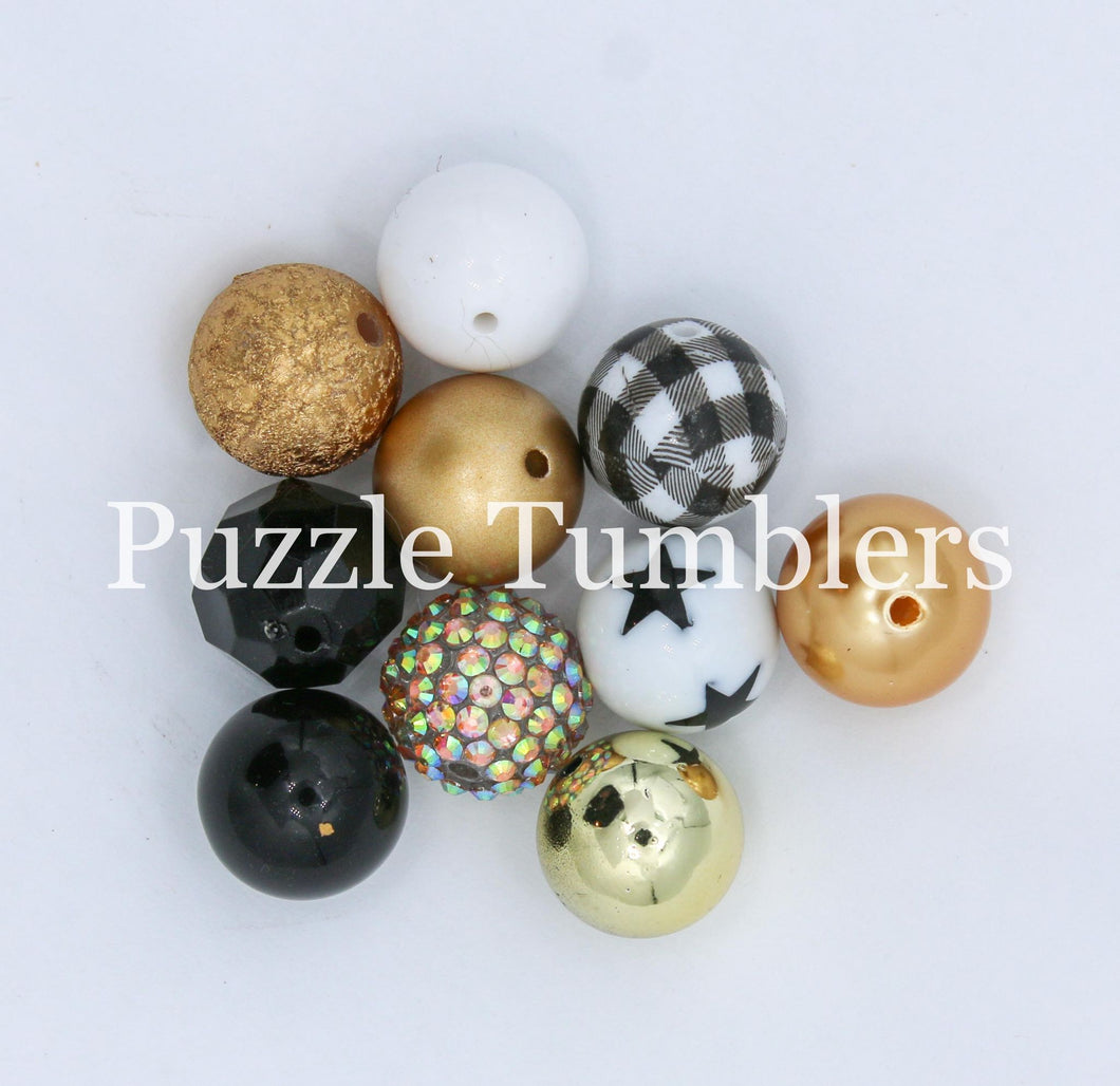 25MM BUBBLEGUM BEADS VARIETY (10 PIECE) - BLACK & GOLD (STARS & PLAID)