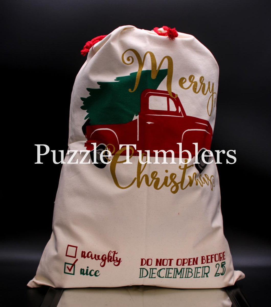 Santa Sack with Red Truck & Tree - 100% Cotton Canvas Christmas Gift Bags