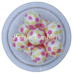 25MM BUBBLEGUM BEADS  (10 PIECE) - PINK LEMONADE (LEMON SLICES) BEAD