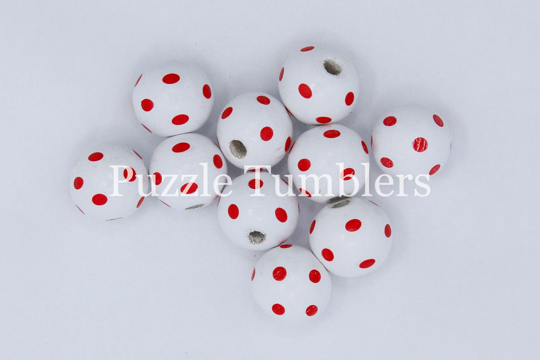 20MM BUBBLEGUM BEADS - WHITE BEAD WITH RED DOTS