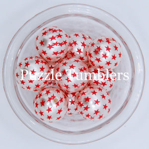 25MM BUBBLEGUM BEADS (10 PIECE) - WHITE PEARL WITH RED STARS