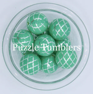 25MM BUBBLEGUM BEADS (10 PIECE) - MINT GREEN WITH SILVER DESIGN
