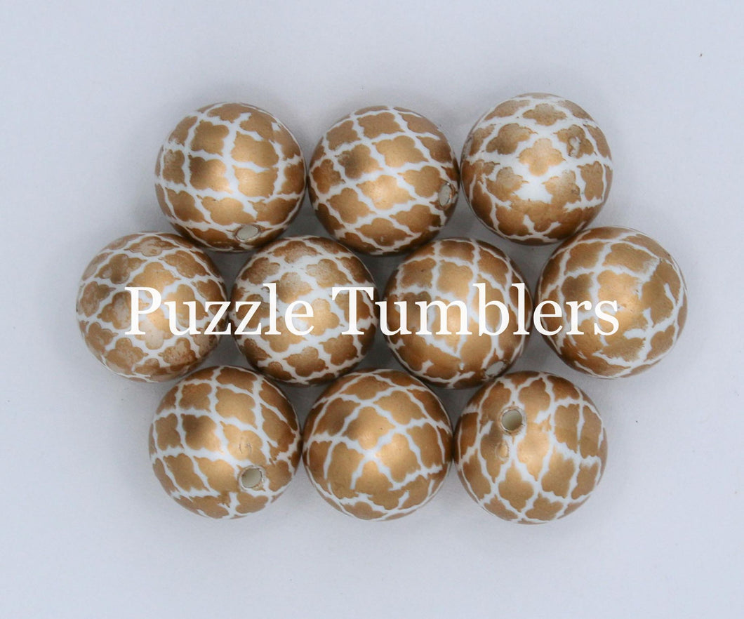25MM BUBBLEGUM BEADS (10 PIECE) - GOLD PEARL WITH WHTIE DESIGN