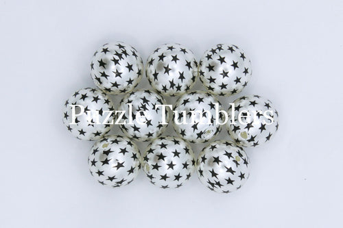 25MM BUBBLEGUM BEADS (10 PIECE) - WHITE PEARL WITH BLACK STARS