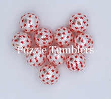 Load image into Gallery viewer, 25MM BUBBLEGUM BEADS (10 PIECE) - WHITE PEARL WITH RED STARS