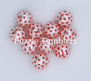 25MM BUBBLEGUM BEADS (10 PIECE) - WHITE PEARL WITH RED STARS