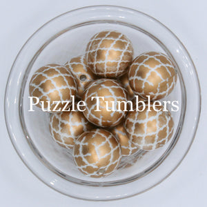25MM BUBBLEGUM BEADS (10 PIECE) - GOLD PEARL WITH WHTIE DESIGN