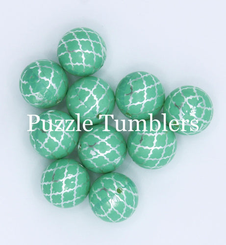 25MM BUBBLEGUM BEADS (10 PIECE) - MINT GREEN WITH SILVER DESIGN