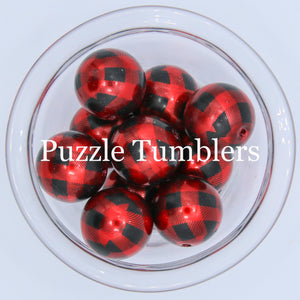 25MM BUBBLEGUM BEADS (10 PIECE) - RED AND BLACK PLAID
