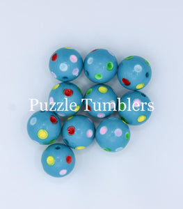 25MM BUBBLEGUM BEADS (10 PIECE) - BLUE BEAD WITH RAINBOW DOTS