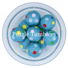 Load image into Gallery viewer, 25MM BUBBLEGUM BEADS (10 PIECE) - BLUE BEAD WITH RAINBOW DOTS