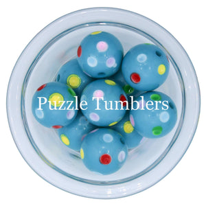 25MM BUBBLEGUM BEADS (10 PIECE) - BLUE BEAD WITH RAINBOW DOTS