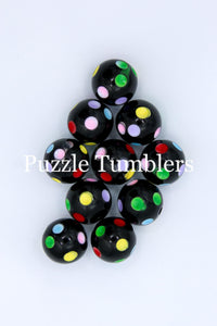 25MM BUBBLEGUM BEADS  (10 PIECE) - BLACK BEAD WITH RAINBOW DOTS