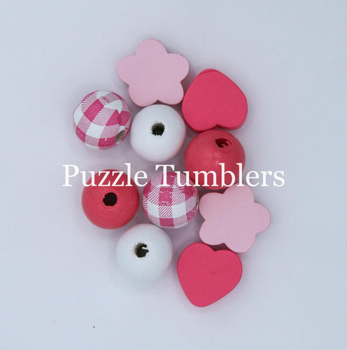 20MM BUBBLEGUM BEADS VARIETY (10 PIECE) - FLOWER & HEART BEAD WITH PLAID PINK BEAD