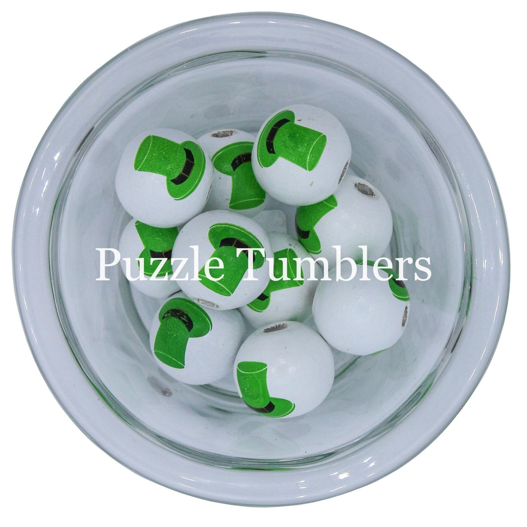 20MM BUBBLEGUM BEADS (10 PIECE) -WHITE BEAD WITH SHAMROCK HAT
