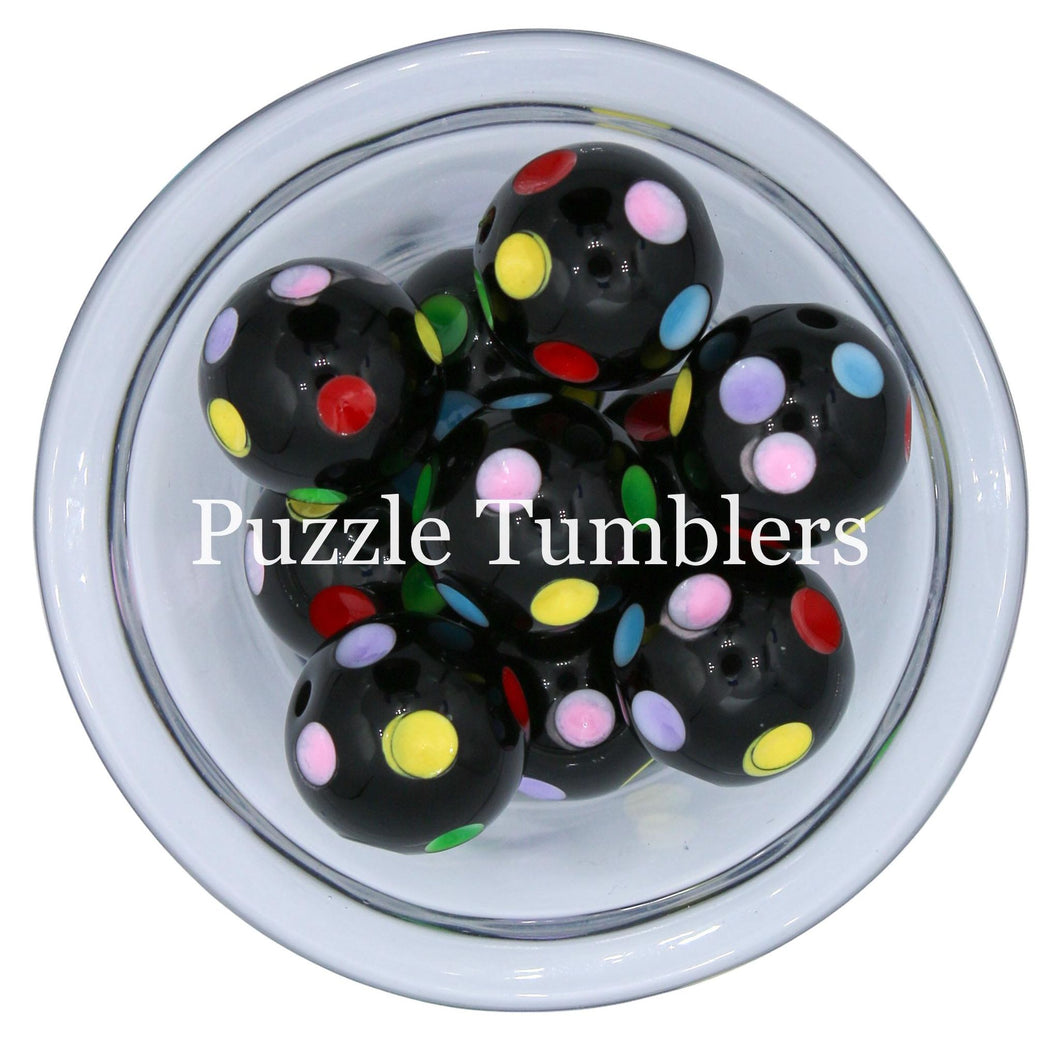 25MM BUBBLEGUM BEADS  (10 PIECE) - BLACK BEAD WITH RAINBOW DOTS