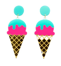 Load image into Gallery viewer, GREEN, PINK AND GOLD ICE CREAM CONE EARRINGS