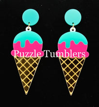 Load image into Gallery viewer, GREEN, PINK AND GOLD ICE CREAM CONE EARRINGS