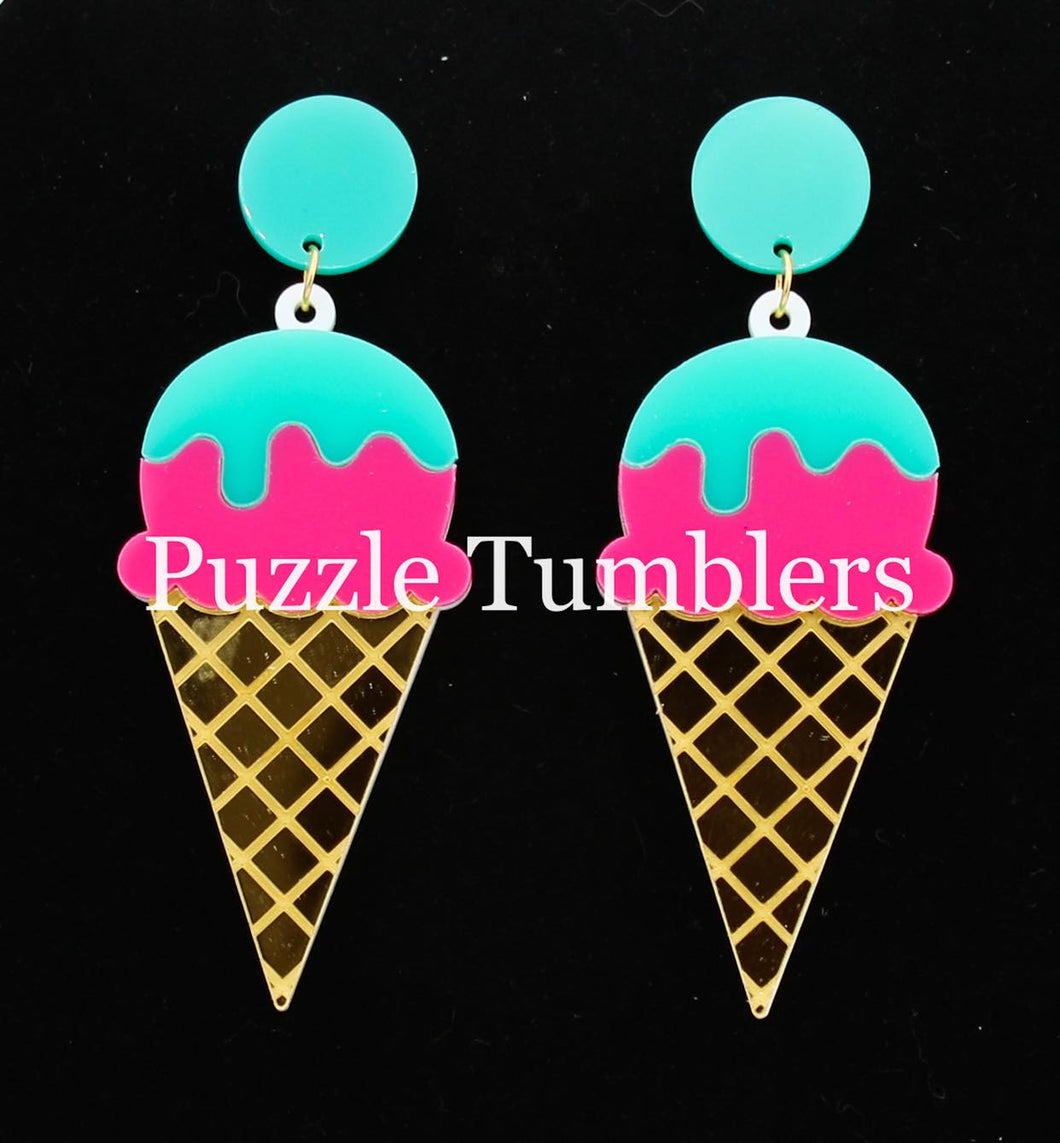 GREEN, PINK AND GOLD ICE CREAM CONE EARRINGS