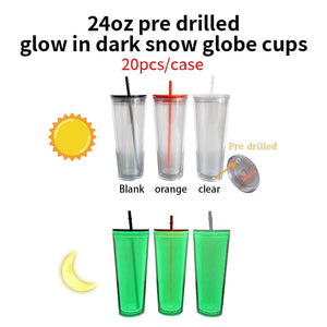 GLOW IN THE DARK (3 LID COLORS) 24OZ DOUBLE WALLED PLASTIC SNOW GLOBE TUMBLER WITH HOLE & TWIST LID & STRAW
