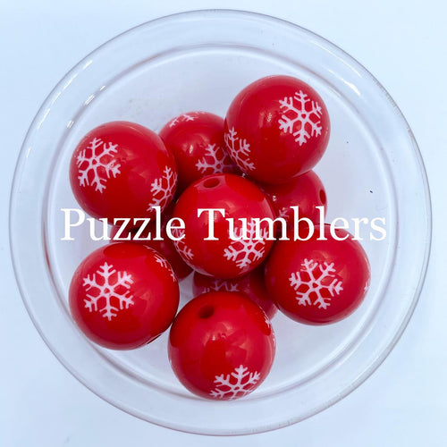 25MM BUBBLEGUM BEAD (10 PIECE) -  RED WITH WHITE SNOWFLAKE
