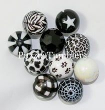 Load image into Gallery viewer, 25MM BUBBLEGUM BEADS VARIETY (10 PIECE) - BLACK &amp; WHITE + PAWS