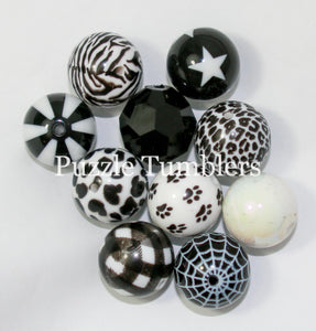 25MM BUBBLEGUM BEADS VARIETY (10 PIECE) - BLACK & WHITE + PAWS