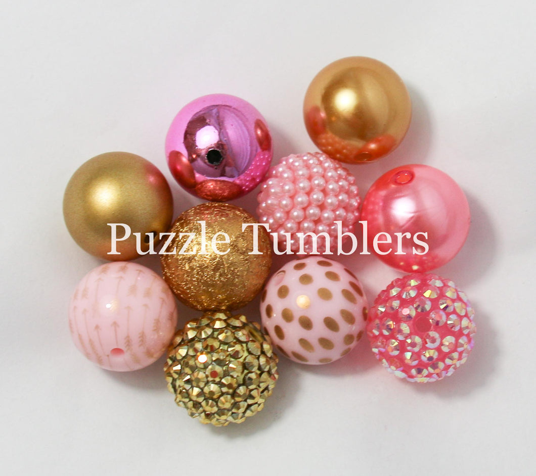 25MM BUBBLEGUM BEADS VARIETY (10 PIECE) - PINK & GOLD