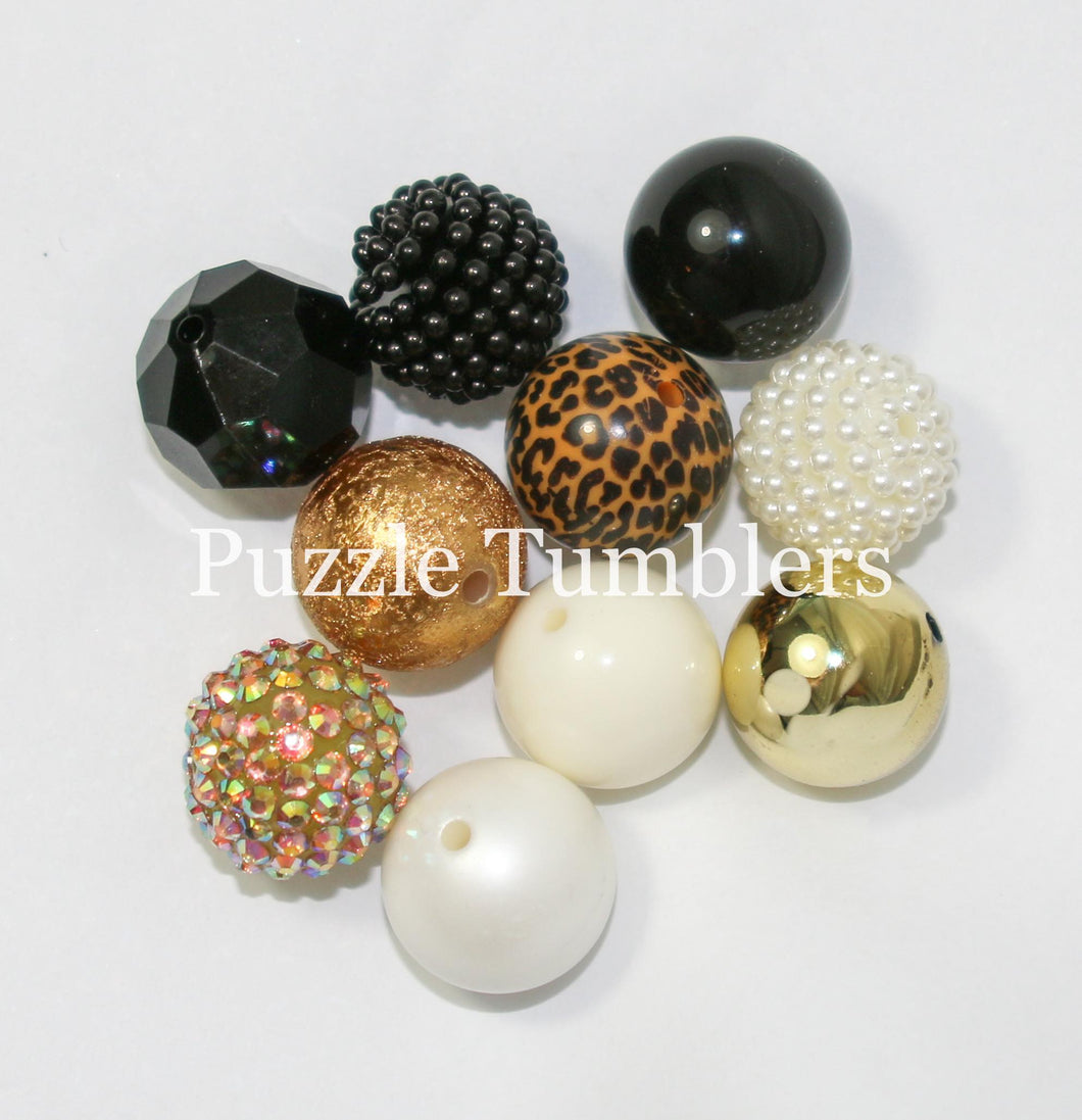 25MM BUBBLEGUM BEADS VARIETY (10 PIECE) - BLACK & GOLD + LEOPARD