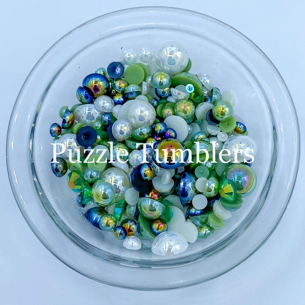 Rainbow Pearl & Rhinestone Mix -  Green and White