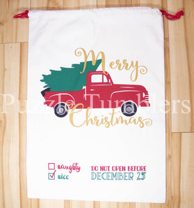 Santa Sack with Red Truck & Tree - 100% Cotton Canvas Christmas Gift Bags