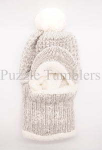 Gray/White Hat with attached Neck Warmer