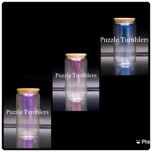 IRIDESCENT (PURPLE, GREEN, PINK & BLUE) 16OZ SUMBLIMATION  GLASS TUMBLER WITH BAMBOO LID