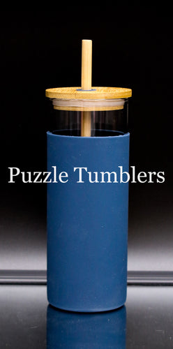 NAVY BLUE - 16OZ GLASS TUMBLER WITH SILICONE SLEEVE & BAMBOO LID & STRAW